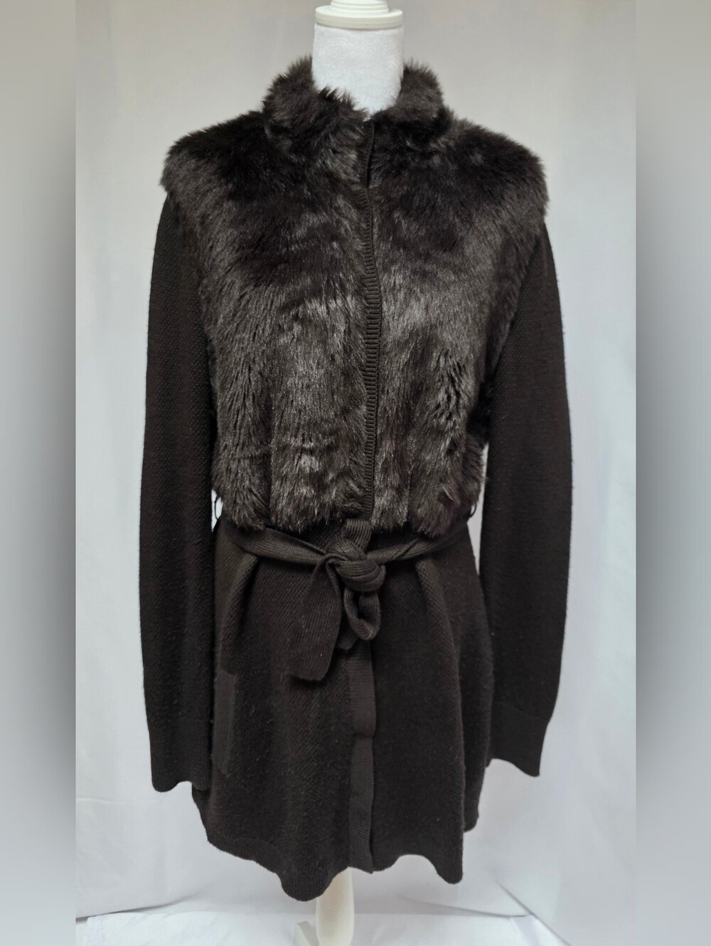 Tahari Dark Brown Faux Fur Cardigan Wool Blend Tie Waist Sweater Large